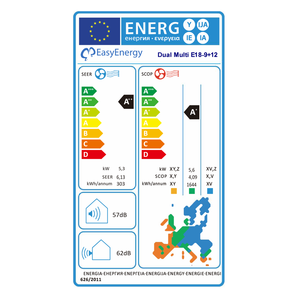 Etichetta energetica Climatizzatore Dual Split 9000+12000 BTU E18 — SEER A++ / SCOP A+