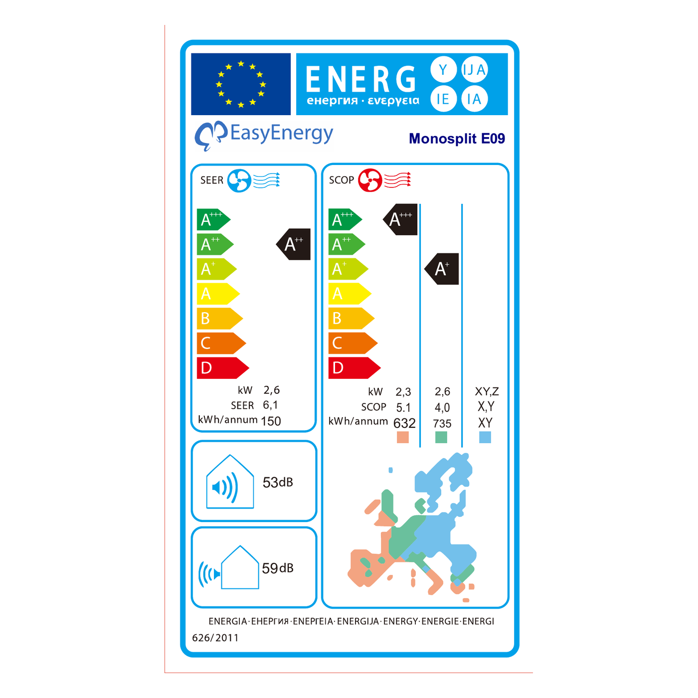 Etichetta energetica Climatizzatore Mono Split 9000 BTU E09 — SEER A++ / SCOP A+