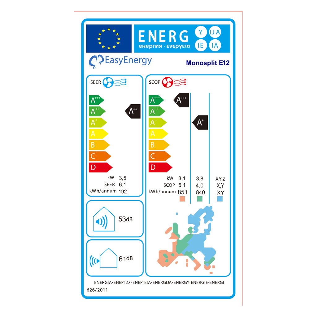 Etichetta energetica Climatizzatore Mono Split 12000 BTU E12 — SEER A++ / SCOP A+