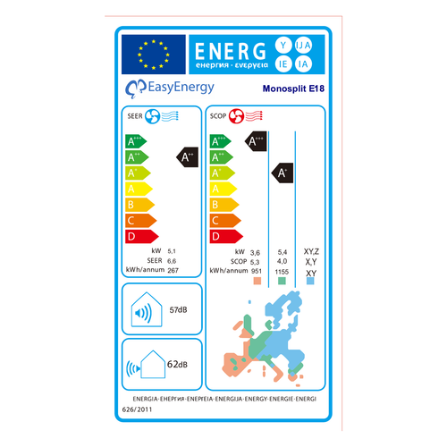 Etichetta energetica Climatizzatore Mono Split 18000 BTU E18 — SEER A++ / SCOP A+