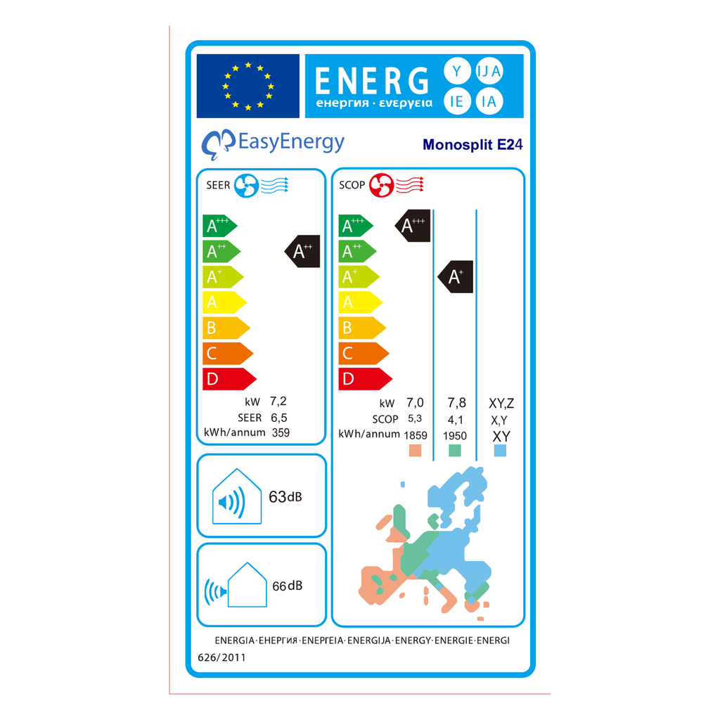 Etichetta energetica Climatizzatore Mono Split 24000 BTU E24 — SEER A++ / SCOP A+