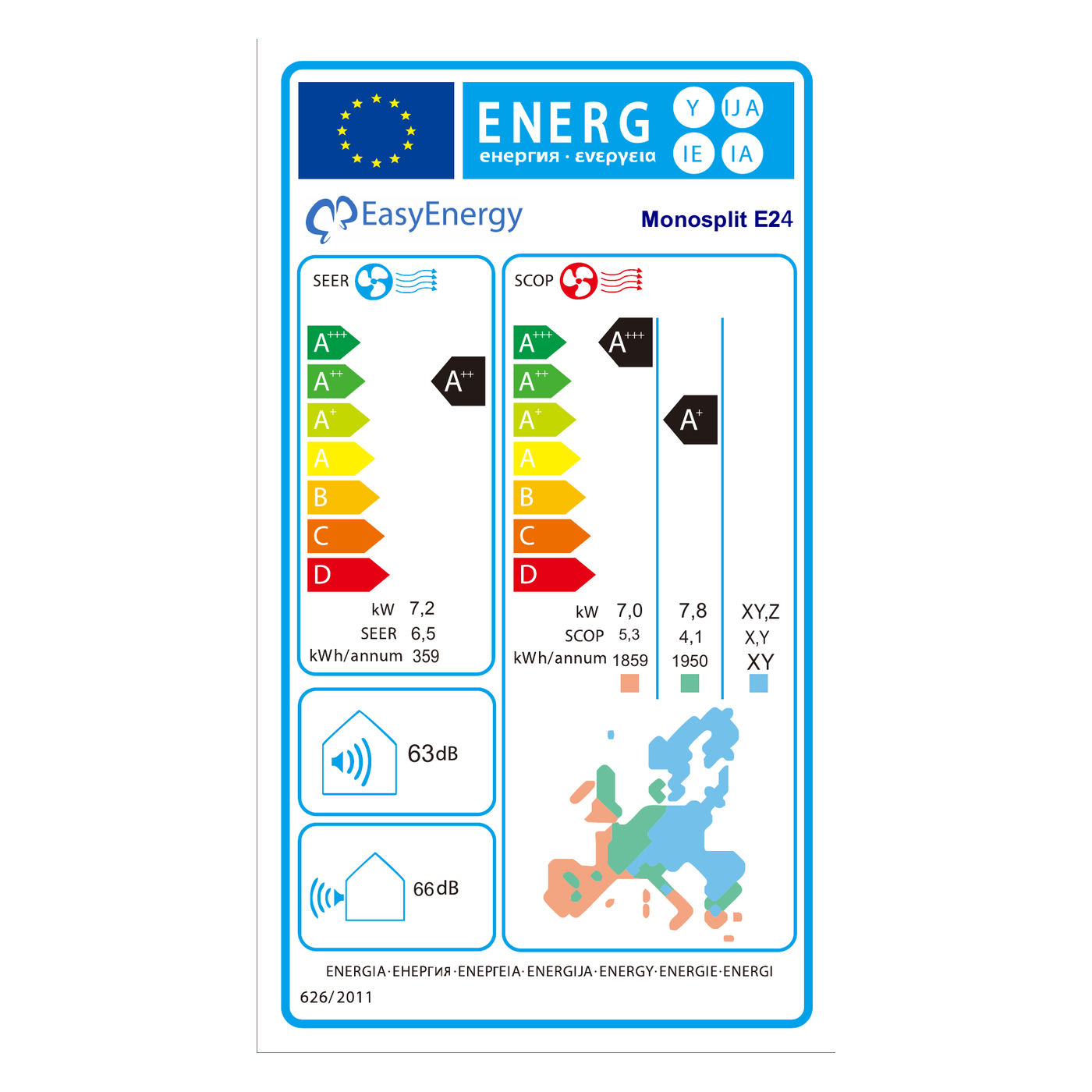 Etichetta energetica Climatizzatore Mono Split 24000 BTU E24 — SEER A++ / SCOP A+