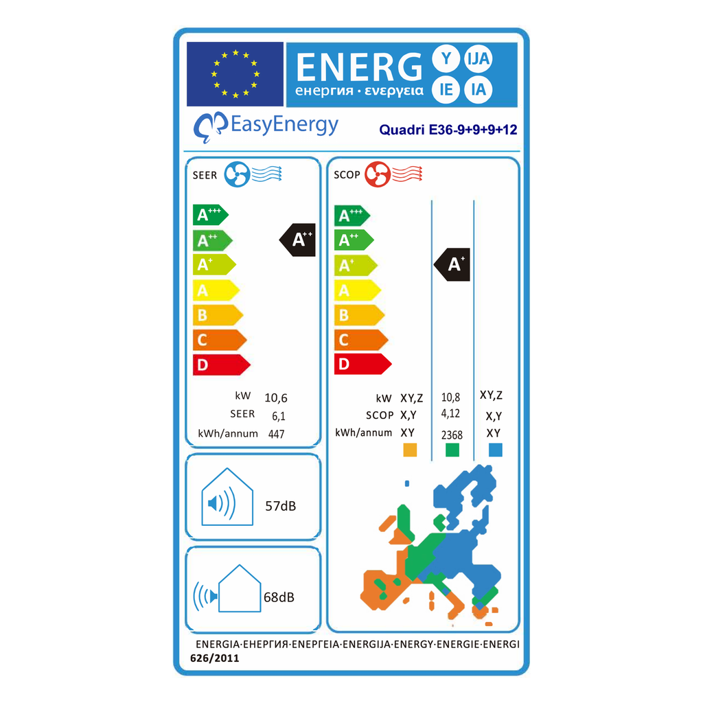 Etichetta energetica Climatizzatore Quadri Split 9000x3+12000 BTU E36 — SEER A++ / SCOP A+